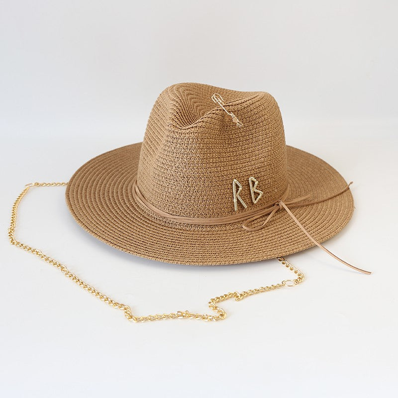Fashionable Metal RB Letter Straw Hats for Women Men Summer Outdoor Holidays Beach Sun Hat Straw Hats for Women Fashion Panama