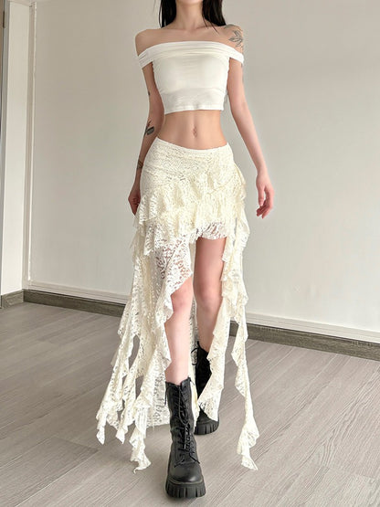 Nibber Tassels Women Skirts Irregular Hem Multi-Layered Ruffles Lace Patchwork S