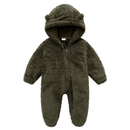 0-12M Baby Plush Warm Jumpsuits Boys Girls Long Sleeve Hooded Zipper Romper Newborn Infant Fall Winter Clothes