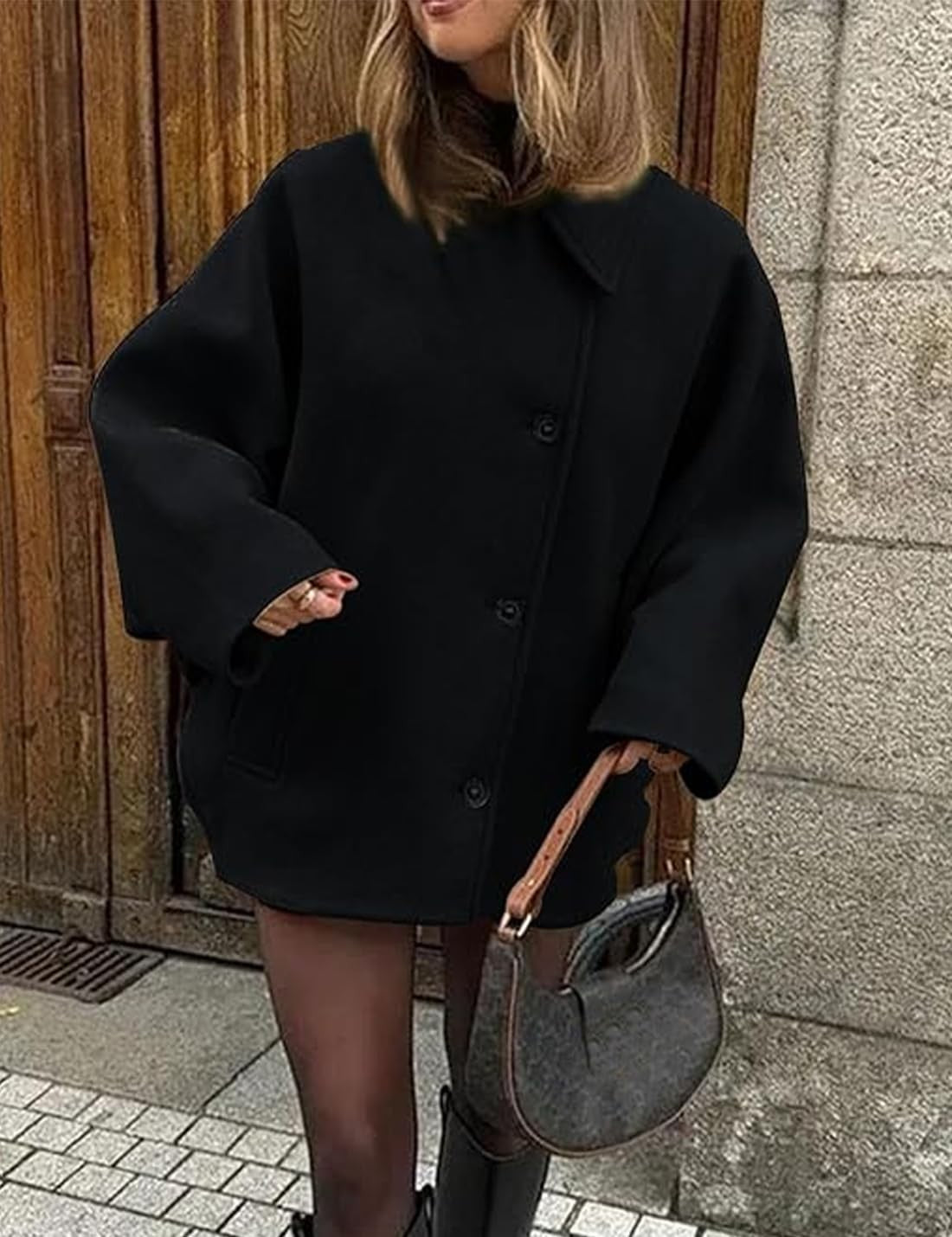Women's Oblique Button Loose Batwing Sleeve Jacket Coat Lapel Double Pocket Warm Solid Vintage Outerwear Fall Winter Coat