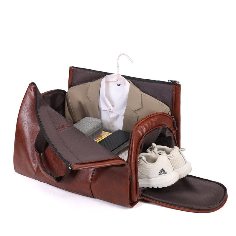 Vintage Suit Travel Bag with Large Capacity Waterproof PU Fabric Independent Shoe Case for Business Trip Suit Protection Bag