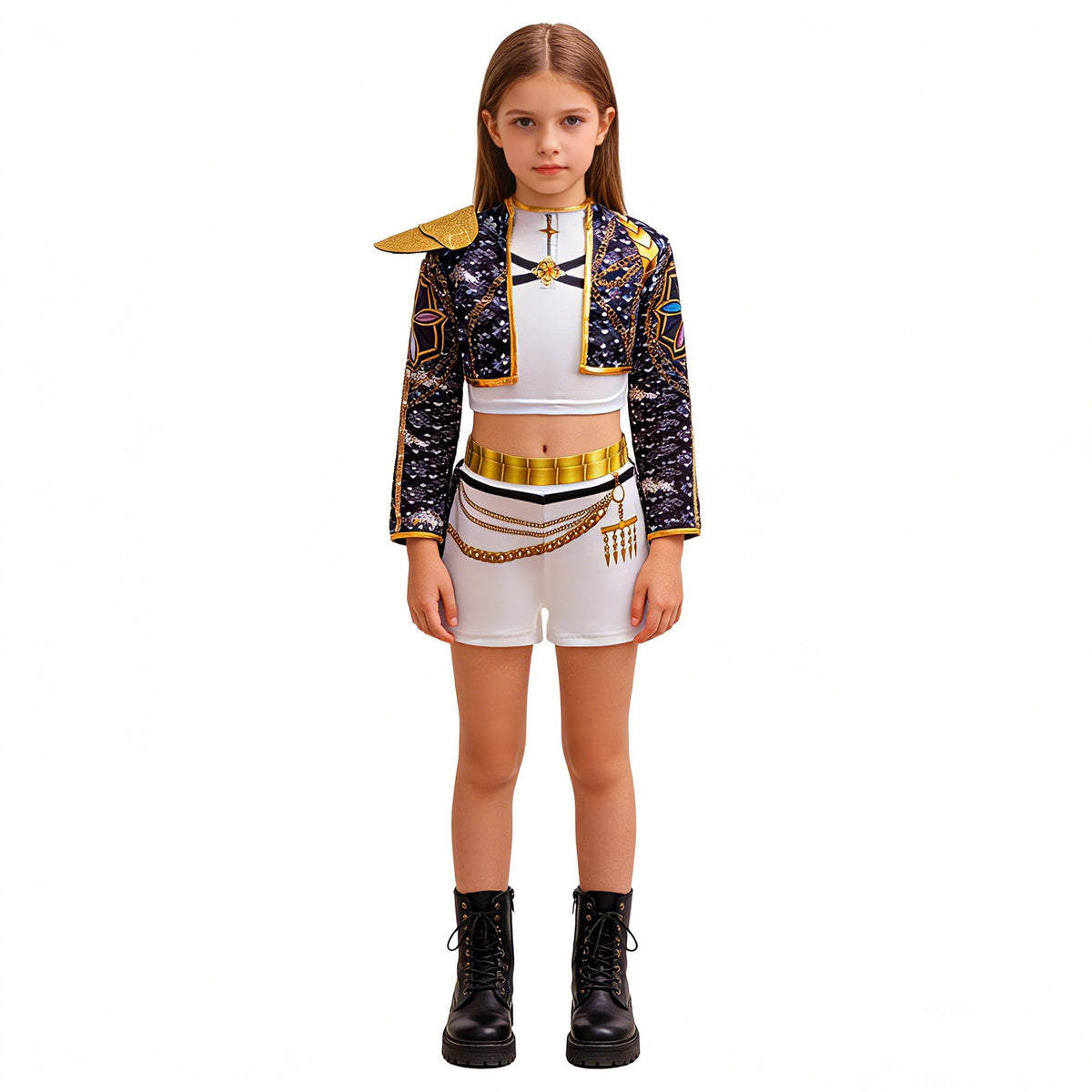 Girls Black?Gold 3D Printed Jacket Shorts Cosplay Set Kids Outfit for Stage Show Birthday Party Halloween Carnival Dress?Up