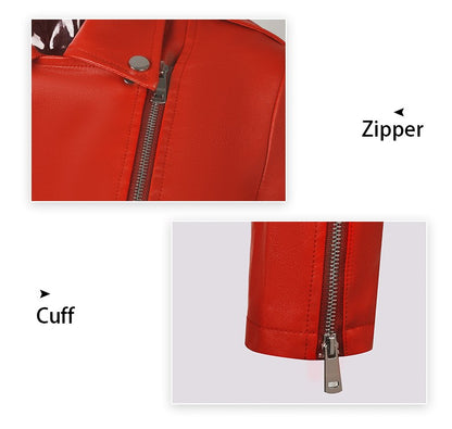 Women's Bright Red Long-sleeve PU Jacket, Lapel Collar Black Short Faux Leather Coat, Available in Dark Brown or Beige.