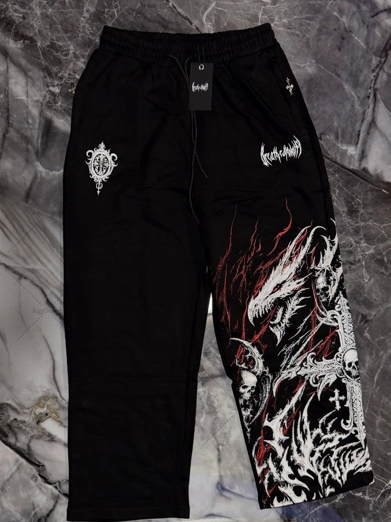 Marca de Moda Street Estampa Dragão Diabo Letras Retrô Moda Calça Casual Masculina Harajuku Fashion Punk Perna Reta Larga