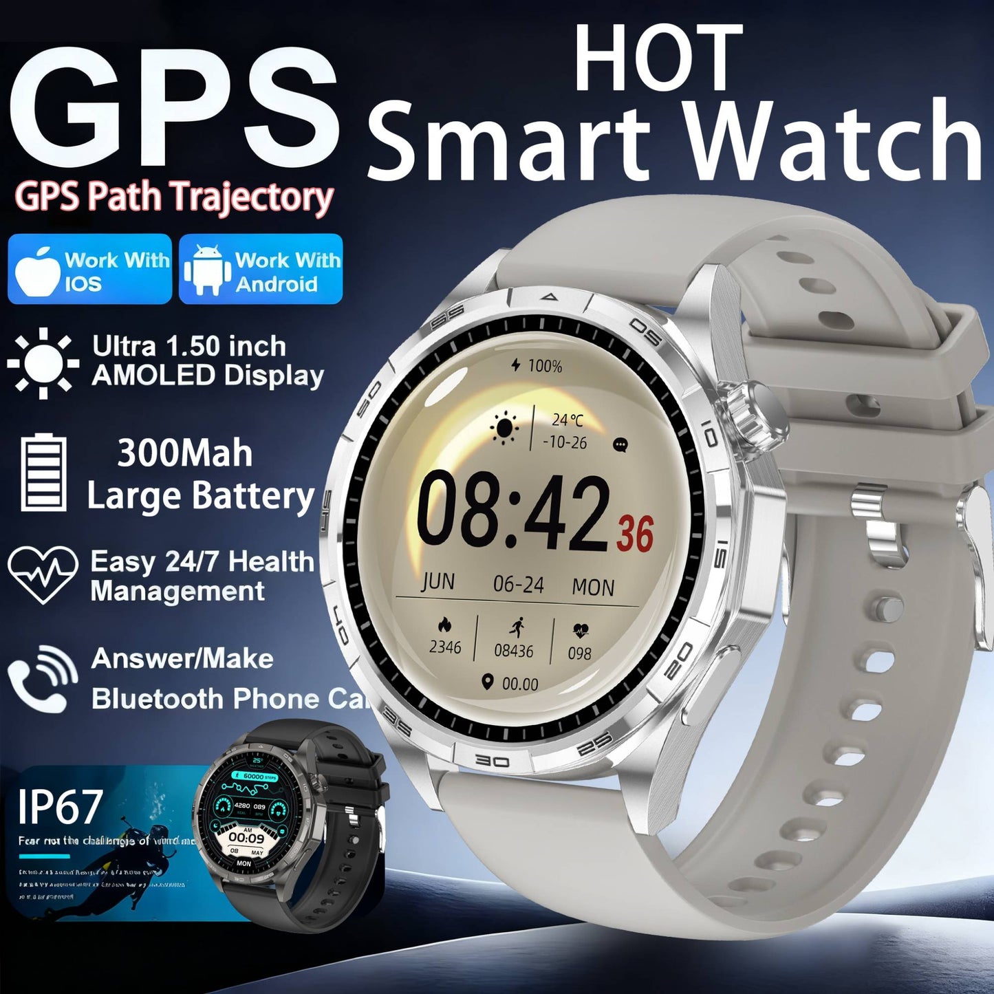 2026 Novo Smart Watch Masculino Relógio 6 AMOLED HD Tela Multi-Esporte Chamada Bluetooth GPS Trajetória Frequência Cardíaca Oxigênio no Sangue SmartWatches