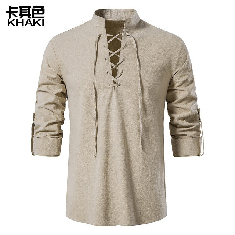 Men's Renaissance Shirt Pirate Medieval Viking top Cotton Linen Shirts Men Long Sleeved Halloween Costume