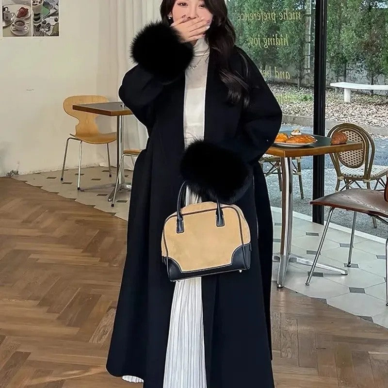 Korean Style Temperament Fur Collar Fashion Women's Coat Medium To Long Simple Casual Woolen Coat Slimming Versatile Woolen Coat