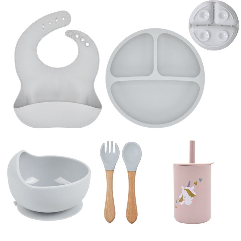 5P Baby Silicone Tableware Set Lid Divided Plate With Suction Bowls Straw Cup Wood Spoon Fork for Toddler Feeding Training Plate