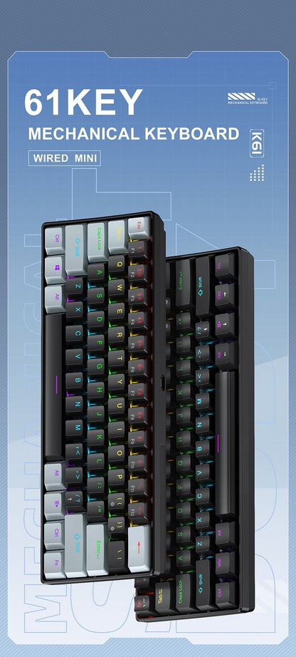 Teclado Mecânico RGB de 61 Teclas com Fio K61 Mini Teclado Portátil 60% Preto, Branco, Switches Vermelho/Azul para Jogos/Trabalho