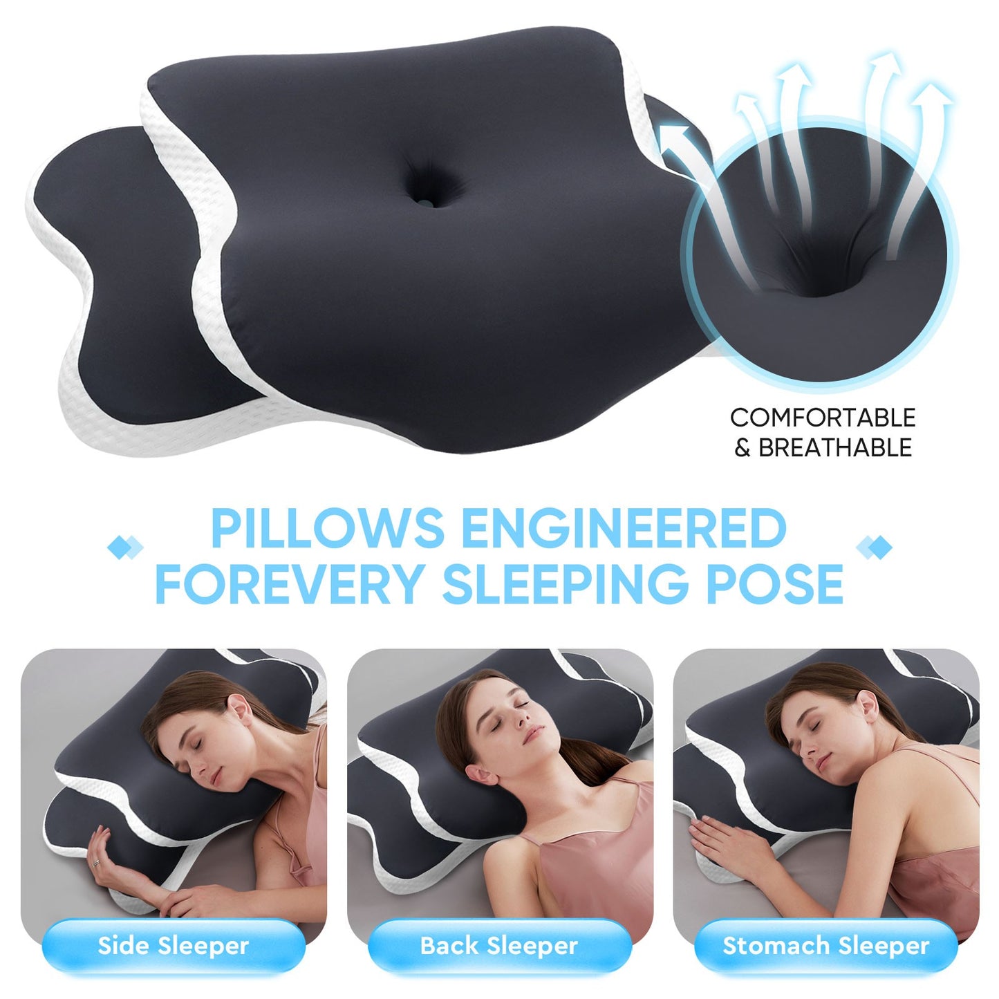 Ergonomic Cervical Pillow Memory Foam Pillow Neck Pain Relief Comes Ice Silk Pillowcase Adjustable  for Back Side Sleepers Gifts