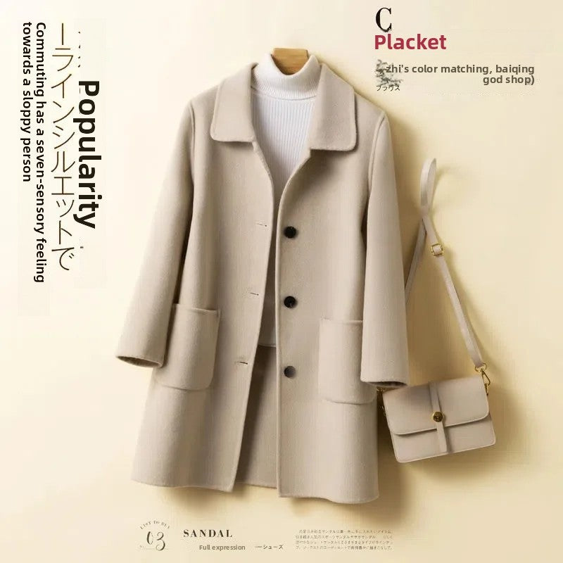 High-End Korean Style Double-Faced Cashmere Woolen Coat for Women Mid-Length Thickened Polyester Fiber Winter Outerwear