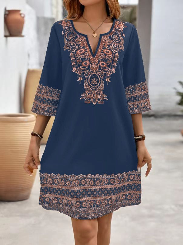 Women's Clothes Casual print Short Sleeve V-Neck Waist Cinched Dress summer vintage New Female Fashion Loose Mini Dresses 2025