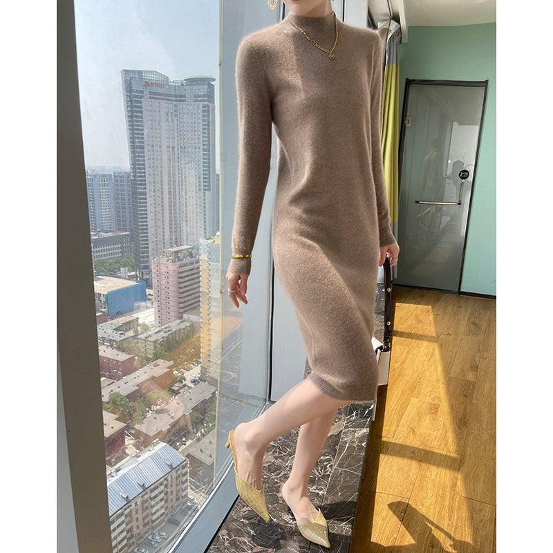 Autumn And Winter 100% Pure Wool Ladies Long Sweater Skirt Semi-High Collar Cashmere Dress Large Knit Bottoming Skirt