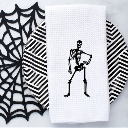 Skeleton Waffle Tea Towel Halloween Spooky Goth Season Kitchen Table Decoration Dancing Skeleton Towel Housewarming Hostess Gift