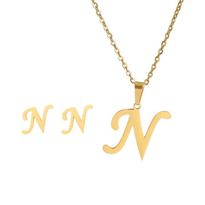 Conjunto Feminino de Colar e Brincos de Aço Inoxidável com Letra Inicial do Alfabeto A-Z - Joias Personalizadas de 26 Letras Inglesas - Presente