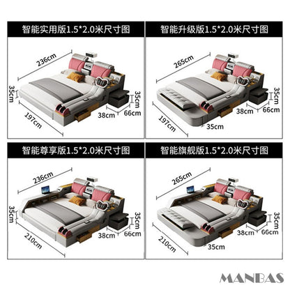 MANBAS Tech Smart Bed - the Ultimate Multifunctional Bedframe with Genuine Leather, Massage, Speaker, Projector, Air Purifier