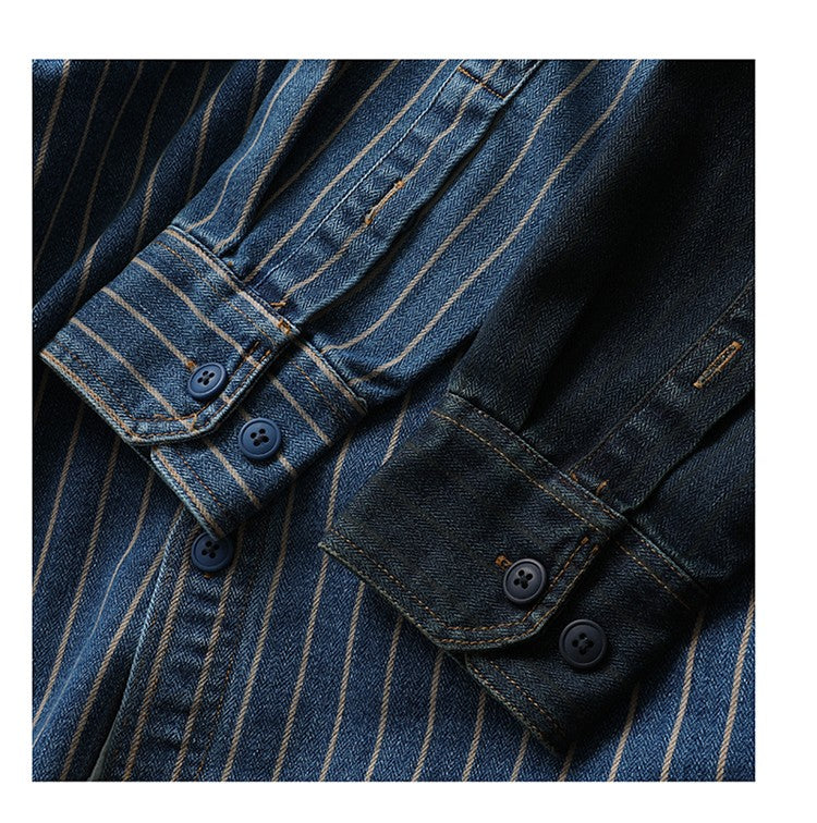 American Retro Workwear Long Sve Denim irt Loose Casual Striped ket irt Youth Trend Autumn Wear Iron Free