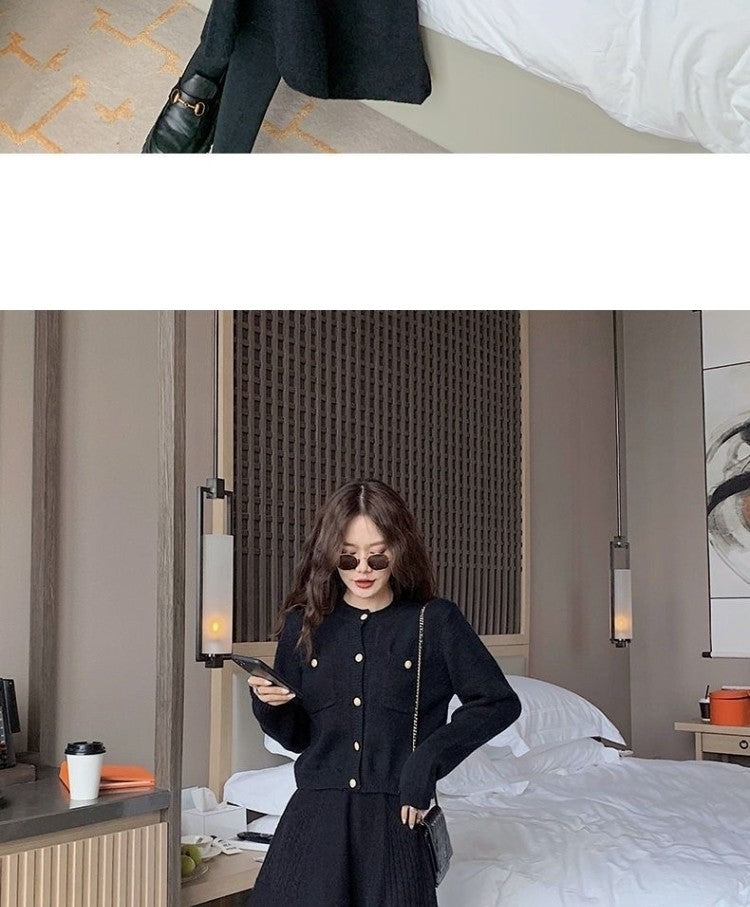 Autumn Winter Women's Mid-Length Knitted Pleated Skirt High Waist A-Line Long Skirt Loose Fuzzy Wool Skirt Double ket