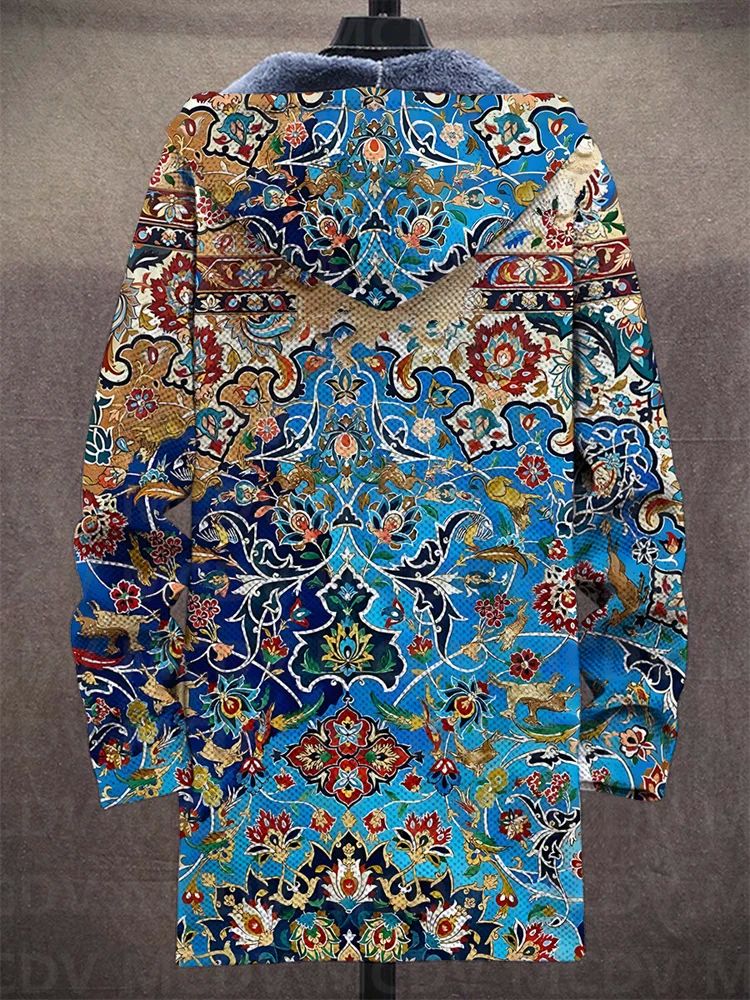 Unisex Retro Ethnic Pattern Print Plush Thick Long-Sleeved Sweater Cardigan Coat
