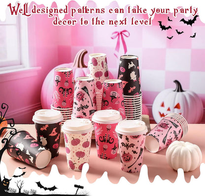 100 Copos de Café Descartáveis de Halloween com Tampas 12 oz Copos de Papel Rosa Fantasma Abóbora Bruxa Morcego Decoração Fofa de Halloween Rosa