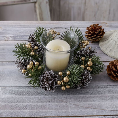 1/2pcs Christmas Candle Holders with Artificial Pine Branches & Berries New Year Tabletop Home Decorations Candle Wreath Gifts