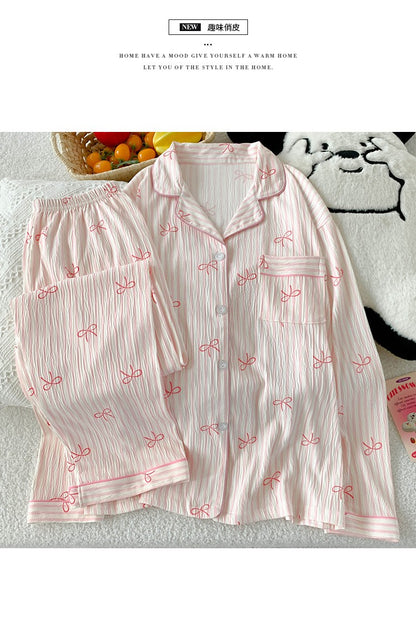 Spring and Autumn Sweet Bow Korean Style Ins Wrinkled Fabric Long Sleeve Cardigan Nightgown Women's High-Quality Homewear Set