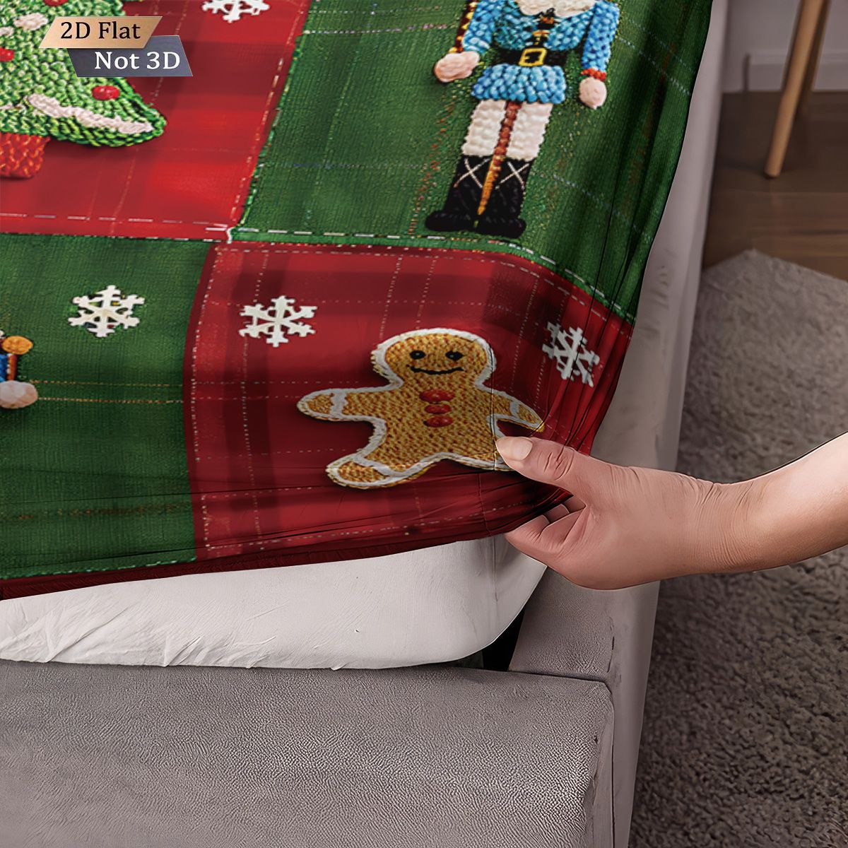 Conjunto de 3 peças de lençol sem elástico com estampa de Natal e emenda de tecido, vários tamanhos, colcha macia, decoração de quarto, lavável à máquina