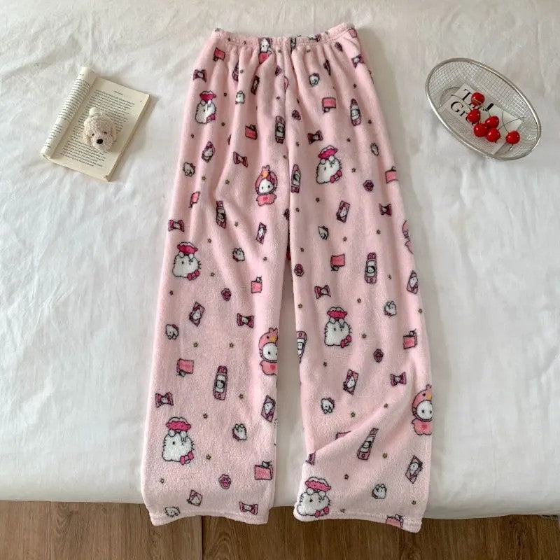 Yuguigou Flannel Sleeping Pants For Women Thickened Coral Fleece Pants For Autumn And Winter Cute Student Warm Plush Home Pant