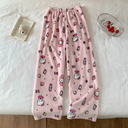 Yuguigou Flannel Sleeping Pants For Women Thickened Coral Fleece Pants For Autumn And Winter Cute Student Warm Plush Home Pant