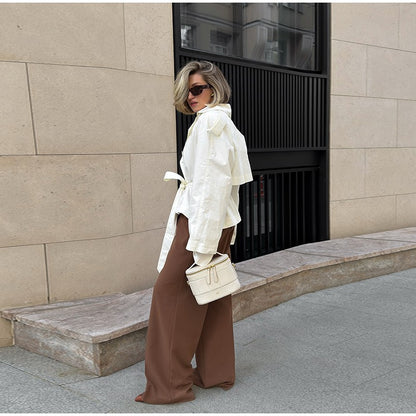 Belted Waist Cropped Trench Double Breasted Stand Collar 2025 Autumn Chic Elegant Women Coat Casual Vintage Office Lady Jacket