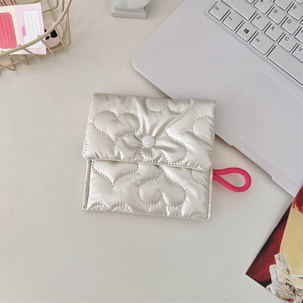 INS Style Silver Sanitary Mat Bag Zipper Button Change Purse Coins Keys Wallet Love Bow Credit Card Holder Cosmetics Napkin