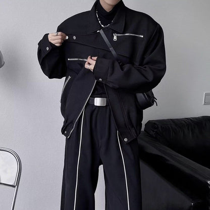 Yamamoto Dark Style Asymmetrical Design Short Lapel Zipper Deconstruction High-end Flying Jacket Jacket for Men