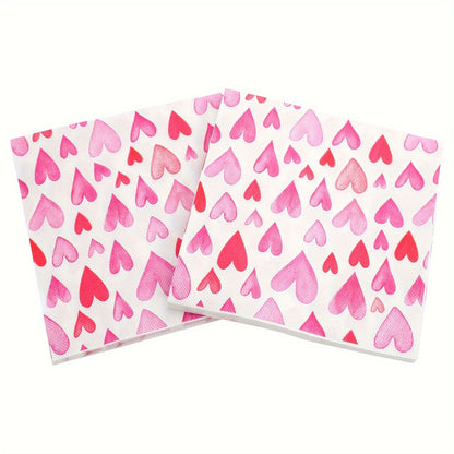 20pcs Romantic Pink Heart Pattern Disposable Napkins Valentine's Day Weddings Birthdays Party Decoration Tableware Lining Paper