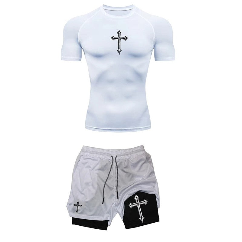 Jogging Breathable Compression Sportswear Summer Men's Training Two-piece Tight T-shirt Fitness Shorts Gym Workout Set RL0008