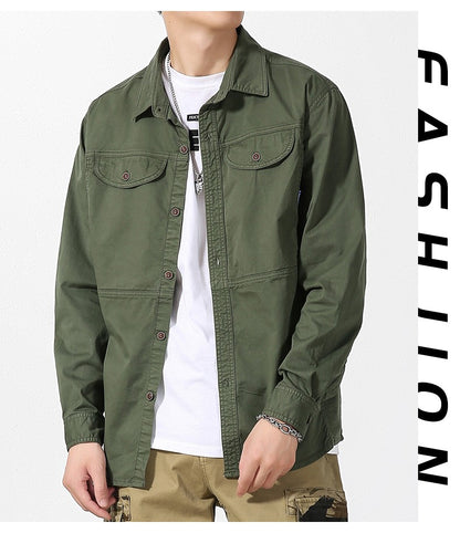 Men Slim Fit Turn-Down Collar Loose Cargo Shrit Spring Autumn Casual Wash Cotton Safari Style Jacket with Multiple Pockets Coat