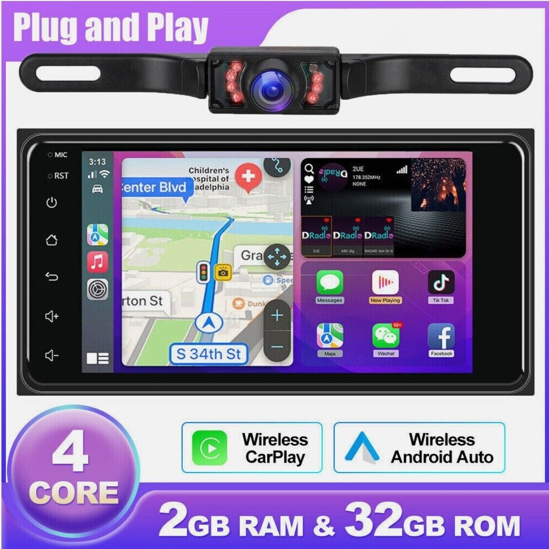 Rádio Automotivo para Toyota Hilux 2005 - 2014 Sem Fio para Carplay e Android Auto, Tela Sensível ao Toque IPS de 7 Polegadas Câmera de Ré WiFi SWC-2+32G