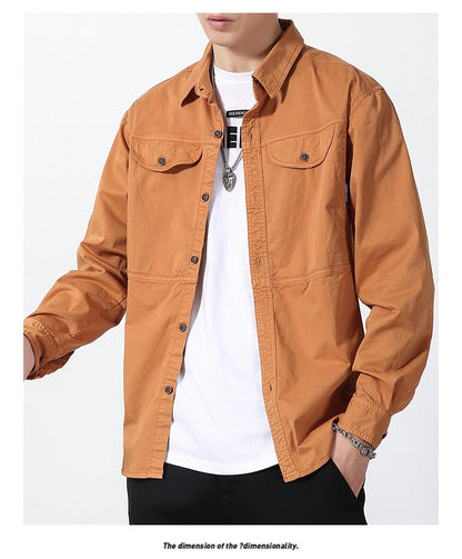 Men Slim Fit Turn-Down Collar Loose Cargo Shrit Spring Autumn Casual Wash Cotton Safari Style Jacket with Multiple Pockets Coat