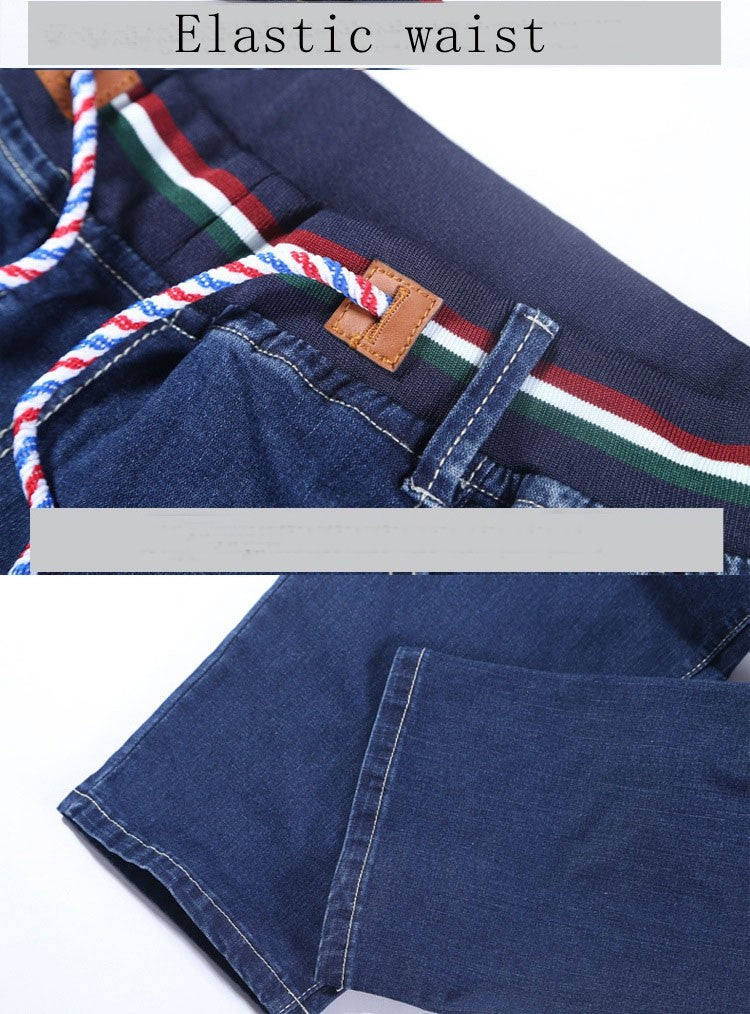 Autumn plus size casual jeans fashion men's pocket elastic waist straight plus size high elastic jeans.