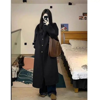 Light Grey Woolen Coat Women's Long Loose Korean Style Fashionable Autumn Winter New Arrival Polyester Fiber Full Sleeve