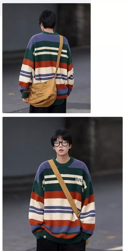 Simple Versatile Trendy Men's Crew Neck Sweater Contrasting Stripes Casual Loose Neutral Style Pullover