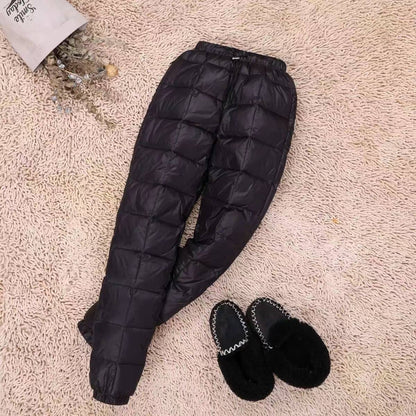 Calça Masculina/Feminina Plus Size de Pluma Grossa 2023 Nova Inverno Cintura Alta 90% Pluma de Pato Branca Quente Reta Calça Casual Feminina