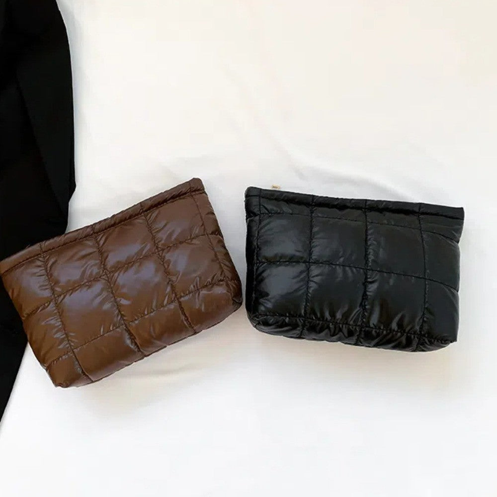 Cotton Filled Puffer Pouch PU Leather Large Capacity Puffer Padded Makeup Bag Waterproof Korean Style Thick Plaid Clutch Bag