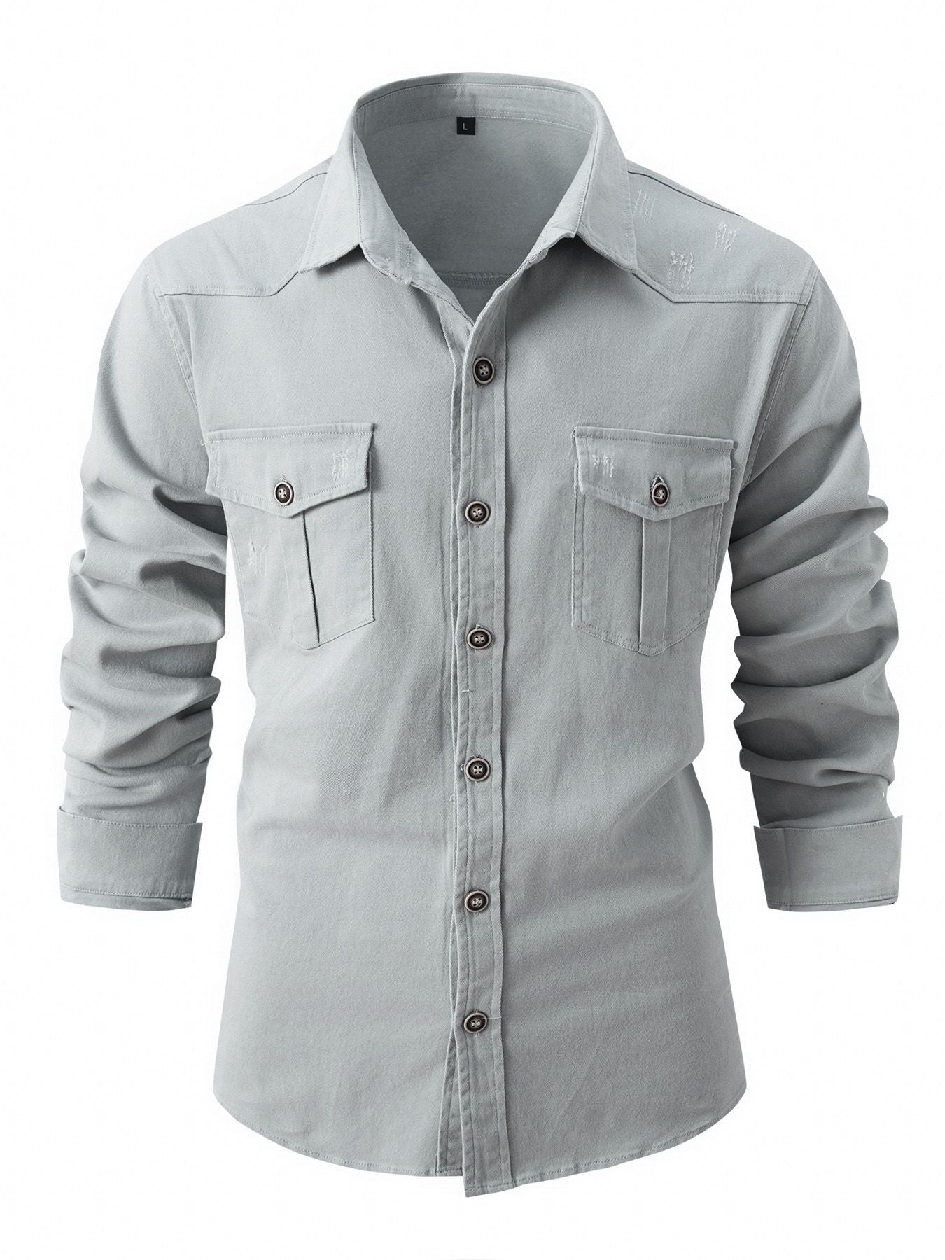 European size denim shirt men's casual solid color double pocket men's long sleeve washed elastic cotton fashion new business sh