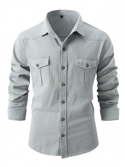 European size denim shirt men's casual solid color double pocket men's long sleeve washed elastic cotton fashion new business sh