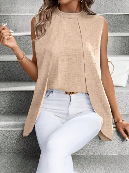 Two Fake Pieces Shirts For Women 2024 Fashion O-neck Sleeveless Shirt Tops Summer Elegant Solid Blouse Top Femme Black