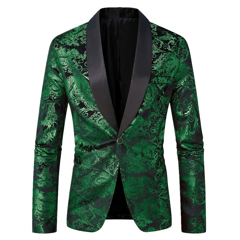 Men's Purple Print Suit Jacket Burgundy Long Sleeve Black Collar Single Button Coat for Wedding Party Stage Performance