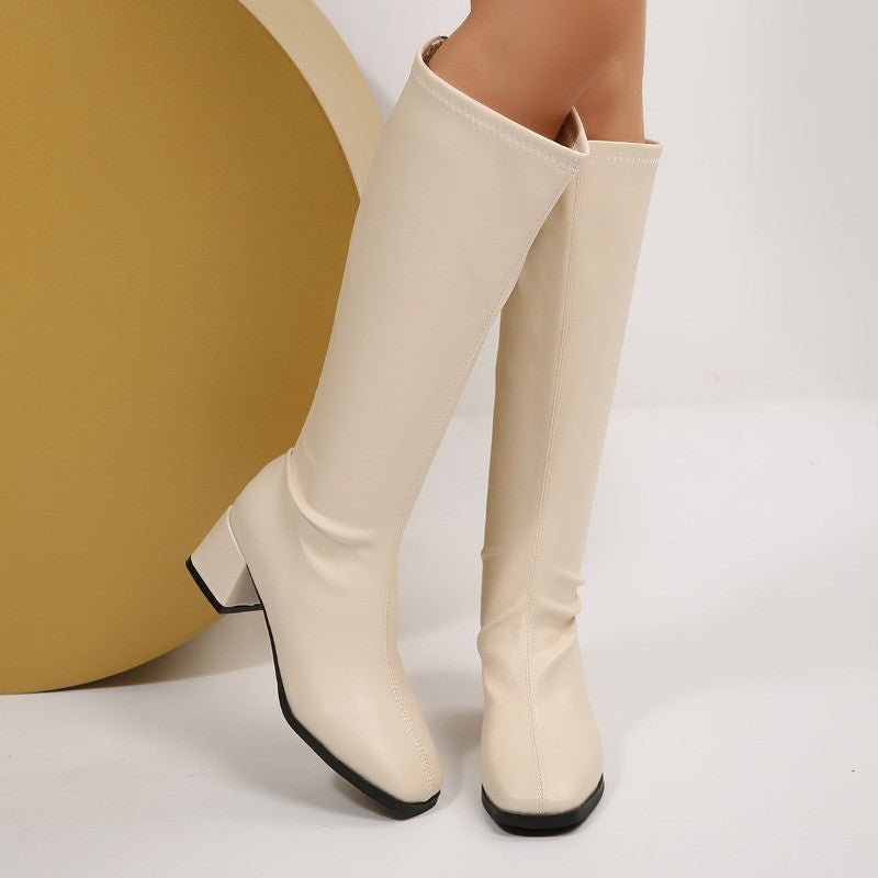 Winter Women Knee High Boots Cosy Soft Leather Thick Heel Shoes Female Vintage Slim Long Booties Zapatos De Muje