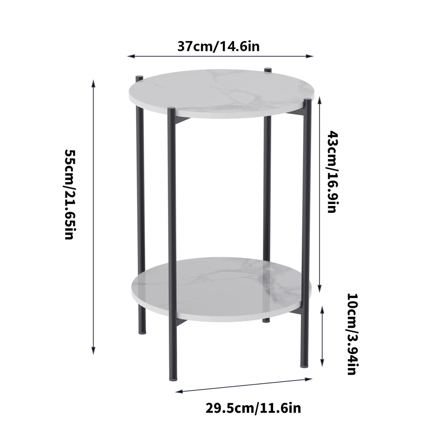 2 Tiers Solid Marble Sofa Side End Coffee Table Living Room Bedroom Round Nesting Table Nightstand Metal Frame