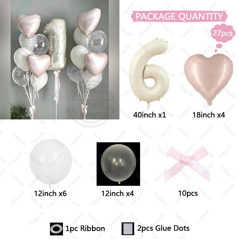 32inch Pink Bows Number Balloons Cream White Beige Number Foil Balloons Pink Bows For Birthday Coquette Themed Party Decor