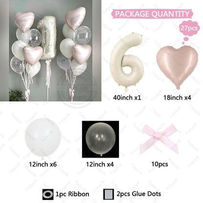 32inch Pink Bows Number Balloons Cream White Beige Number Foil Balloons Pink Bows For Birthday Coquette Themed Party Decor
